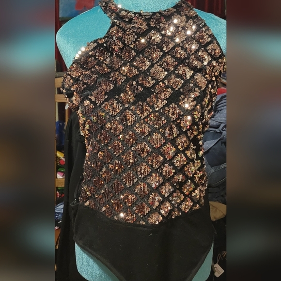 Day & Night Tops - Gold Top Day& Night Size Large  Sequins Bodysuit Laces Zipper Like New Condition